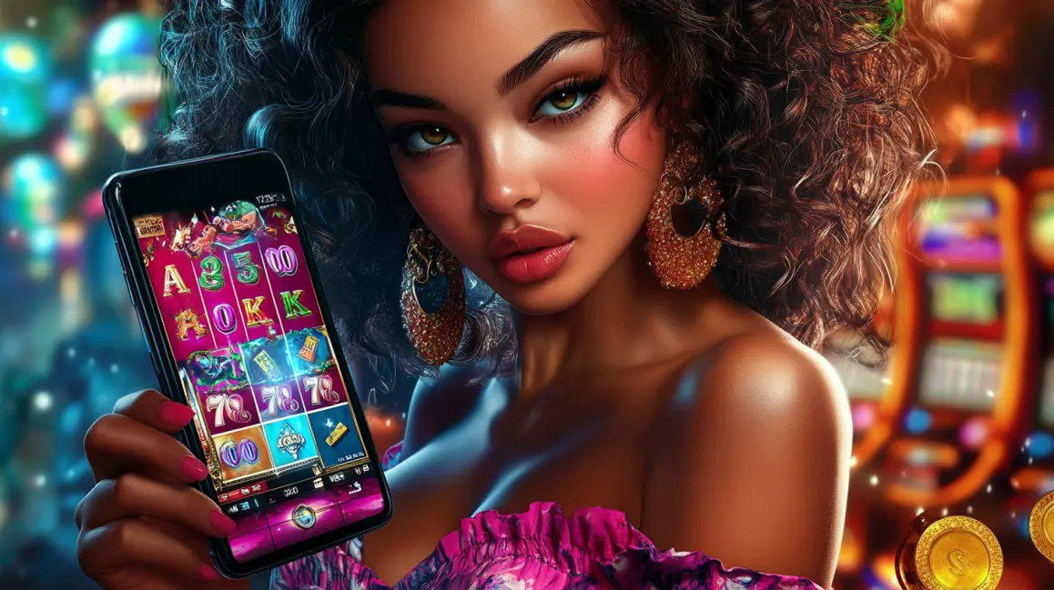 A glamorous woman with curly hair holds a smartphone showing a vibrant slot game, with dice and chips floating around, inviting you to play exciting mobile casino games at TK71.