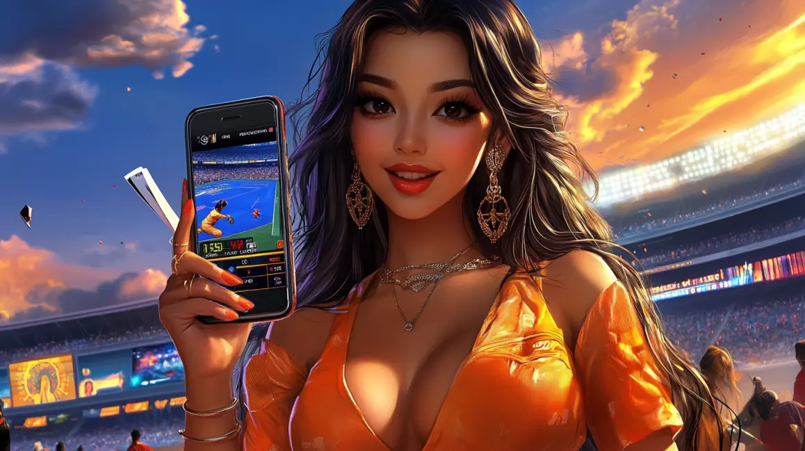 A smiling woman with curly hair shows a 'GECCO' themed slot game on her phone, one of the many fun and colorful mobile games you can play for big wins on the TK71 app.