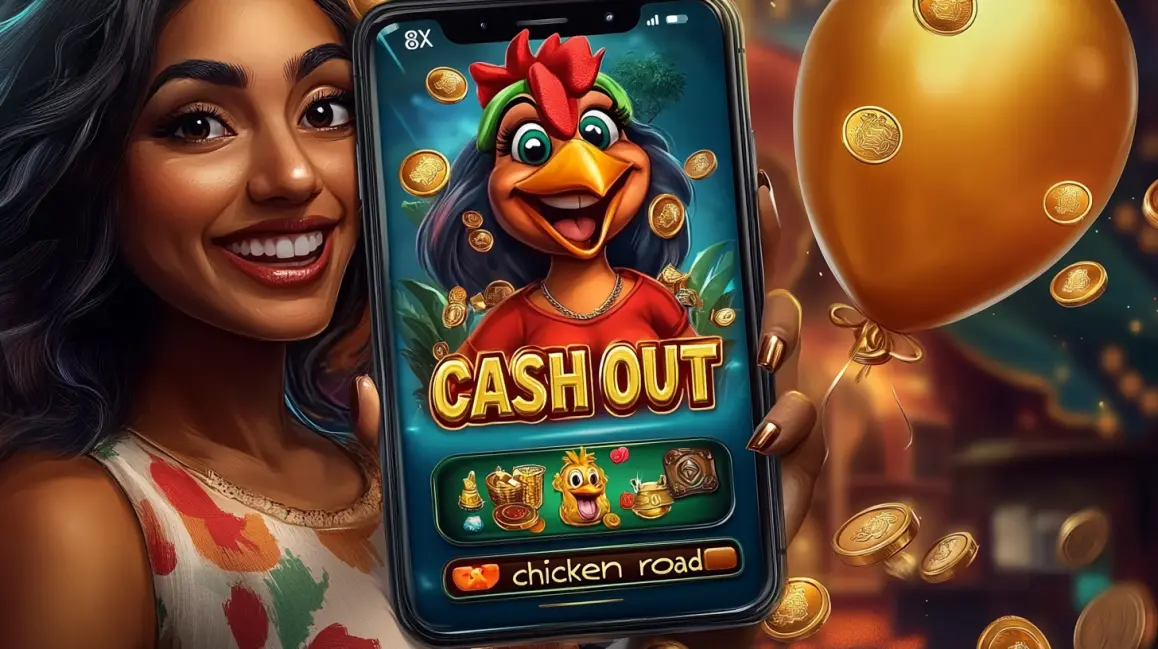 A woman with curly hair holds a phone showing a classic fruit slot, blending a retro vibe with modern mobile gaming convenience, all available on the TK71 app.