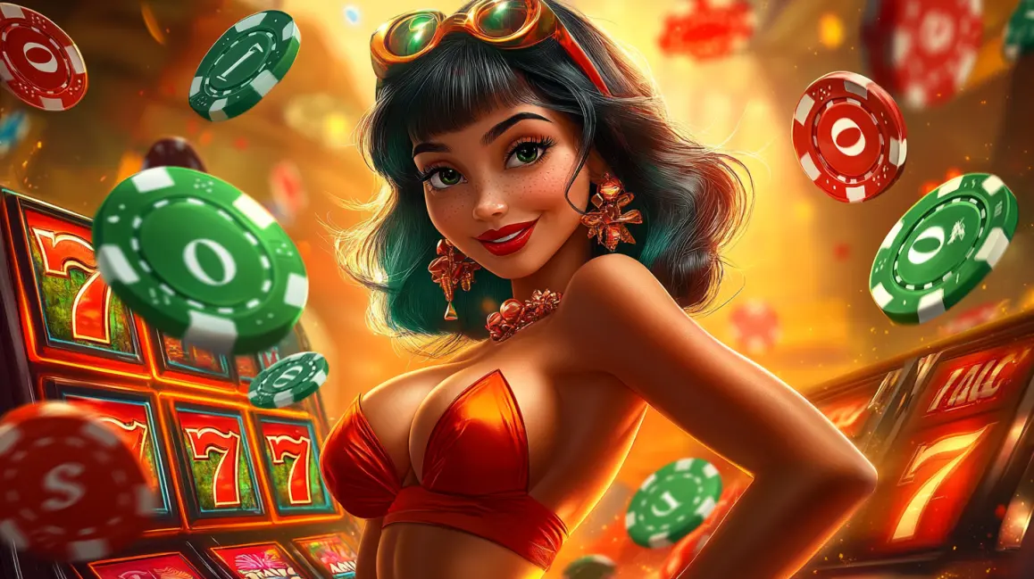 A happy woman with curly black hair holds cash, with a large 'BONUS' sign, as casino chips, cards, and money are flying around, celebrating a win at TK71.