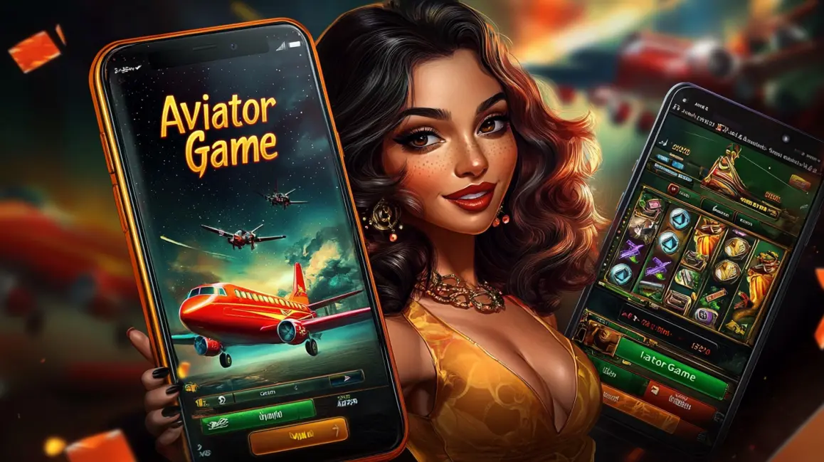 A woman in a pink dress holds a phone showing the 'Aviator Game', with a 777 slot machine nearby, blending classic casino fun with modern crash game excitement at TK71.