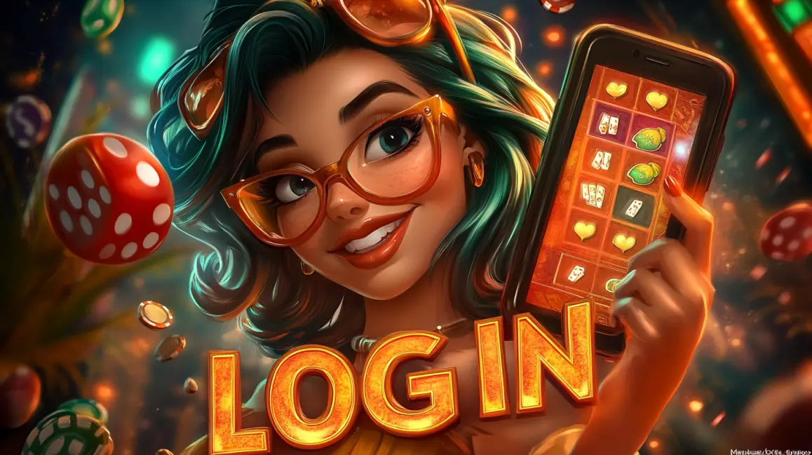 A stylish woman with blue hair and sunglasses holds a phone with a 'LOGIN' button, inviting you to sign in to your TK71 account for a fun and rewarding tropical gaming session.
