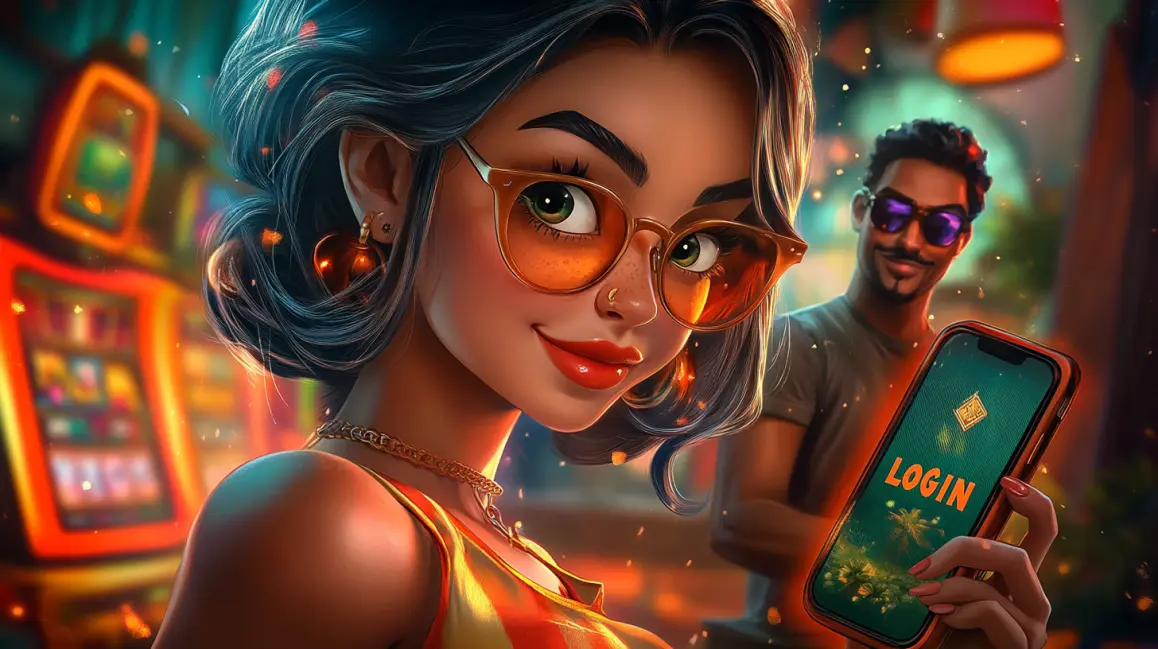 An animated woman is framed by a phone screen showing a 'LOGIN CASINO' sign, inviting you to sign in to the fun and vibrant world of TK71 online casino games.
