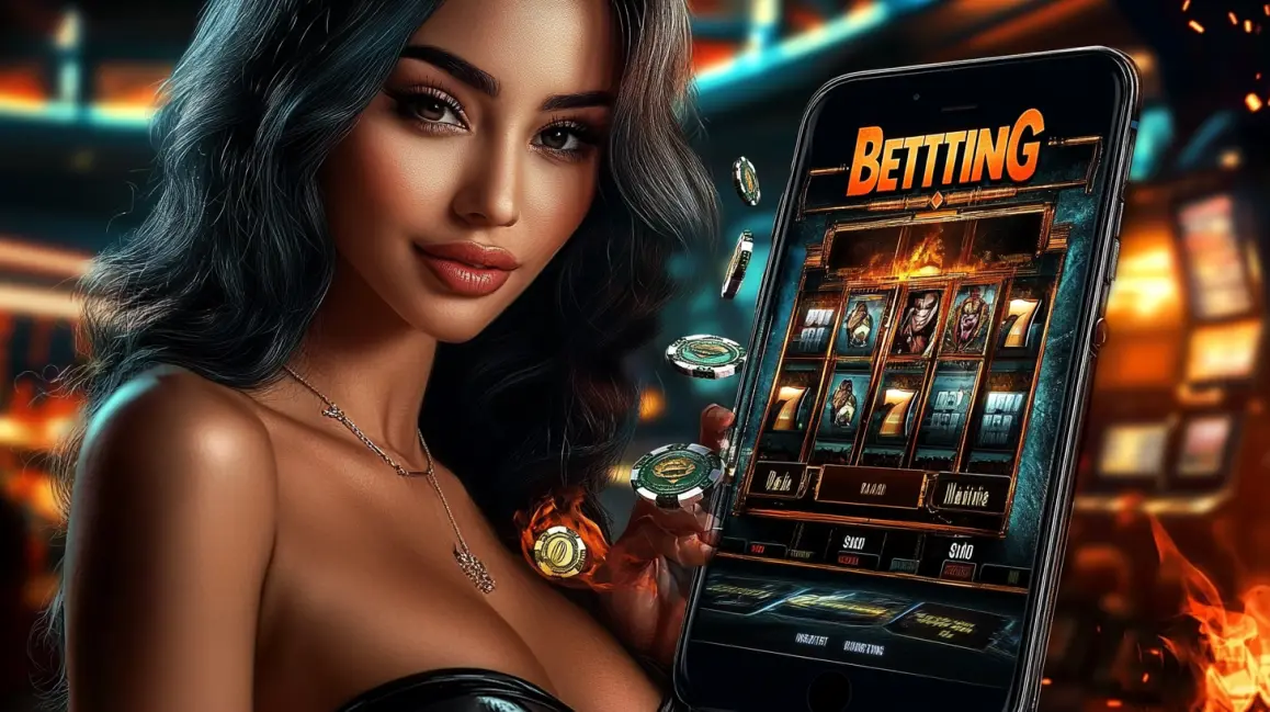 A stylish woman holds a phone with a fun slot game, with the word 'APP' in large letters, inviting you to download the TK71 app for a vibrant gaming experience.