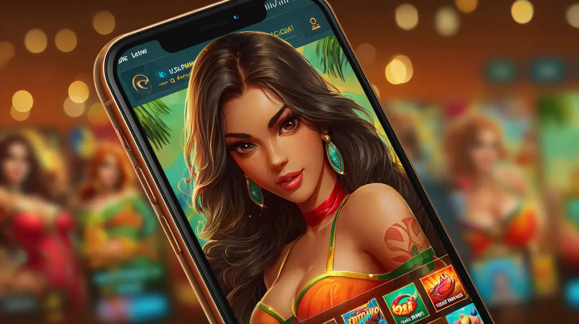 In a packed stadium, a woman holds a phone with a sports betting app, showcasing the thrilling live betting experience and instant access to odds you get with TK71.